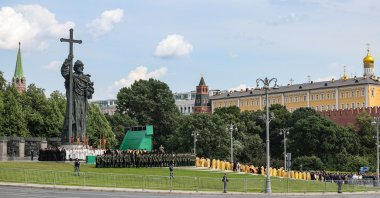Russian Orthodox priests and believers attend a religious procession to the monument to St. Prince Vladimir on the Day of Baptism of Rus from the Kremlin in Moscow, Russia, July 28, 2026. (EPA Photo)