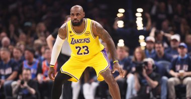 Los Angeles Lakers' LeBron James defends in the first half of Game 2 in a second-round NBA basketball playoff series against the Oklahoma City Thunder, Oklahoma City, May 7, 2026. (AP Photo)