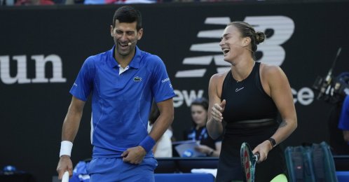 Serbia's Novak Djokovic and Belarus' Aryna Sabalenka react during an exhibition match against Greece's Stefanos Tsitsipas and Maria Sakkari ahead of the Australian Open tennis championships at Melbourne Park, Melbourne, Australia, Jan. 11, 2024. (AP Photo)