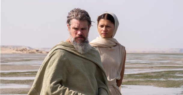 Matt Damon as Odysseus (L) and Zendaya as Athena, in a scene from "The Odyssey." (Universal Pictures via AP Photo)