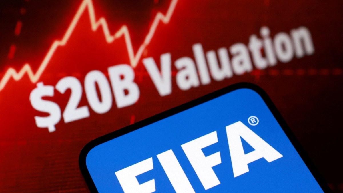 The FIFA logo, words "$20B Valuation" and rising stock graph are seen in this illustration taken, July 28, 2026. (Reuters Photo)