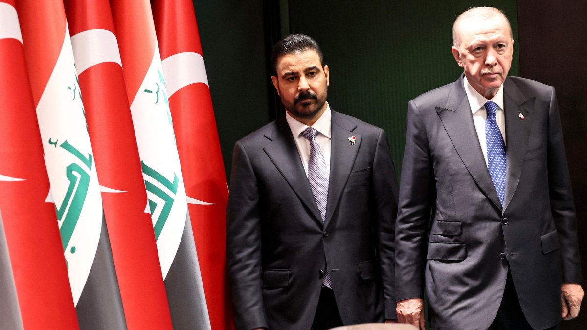 President Recep Tayyip Erdoğan and Iraqi Prime Minister Ali al-Zaidi arrive to address a joint press conference following their meeting at the Presidential Complex, Ankara, Türkiye, July 28, 2026. (AFP Photo)