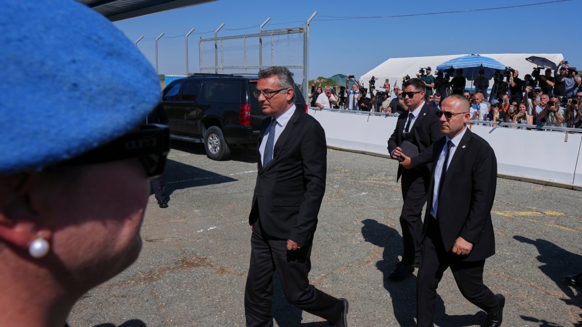 Turkish Cypriot President Tufan Erhurman arrives for a meeting with United Nations Secretary-General Antonio Guterres and Cyprus President Nikos Christodoulides at a U.N. compound in the Lefkosa airport area, inside the United Nations-controlled buffer zone, July 29, 2026. (AP Photo)