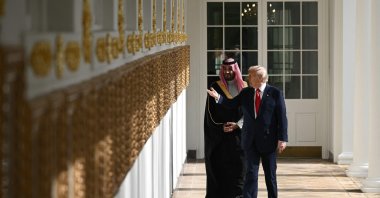U.S. President Donald Trump (R) and Crown Prince of the Kingdom of Saudi Arabia Mohammed bin Salman walk down the Colonnade of the White House, Washington, U.S., Nov. 18, 2025. (AFP Photo)
