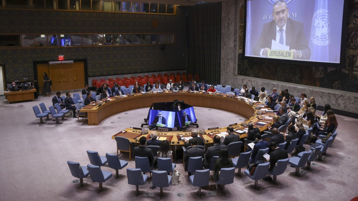 UN Deputy Special Coordinator for the Middle East Peace Process, Ramiz Alakbarov, addresses a UN Security Council meeting via video link at the United Nations headquarters in New York, July 28, 2026. (EPA Photo)