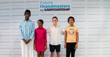 (L-R) Chess players Adje Yohan Philippe Ouaga, Ruth Liliane Camara, Ediz Gürel and Loann Michel Le Roux pose for a photo during the launch of the Karpowership's Future Grandmasters initiative, Yalova, Türkiye, July 28, 2026. (Courtesy of Karpowership)