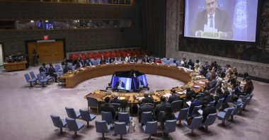UN Deputy Special Coordinator for the Middle East Peace Process, Ramiz Alakbarov, addresses a UN Security Council meeting via video link at the United Nations headquarters in New York, July 28, 2026. (EPA Photo)