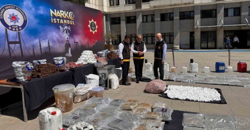  Anti-Narcotic Crimes Department teams showcase seized drugs during the nationwide operations, Istanbul, Türkiye, July 29, 2026. (AA Photo)