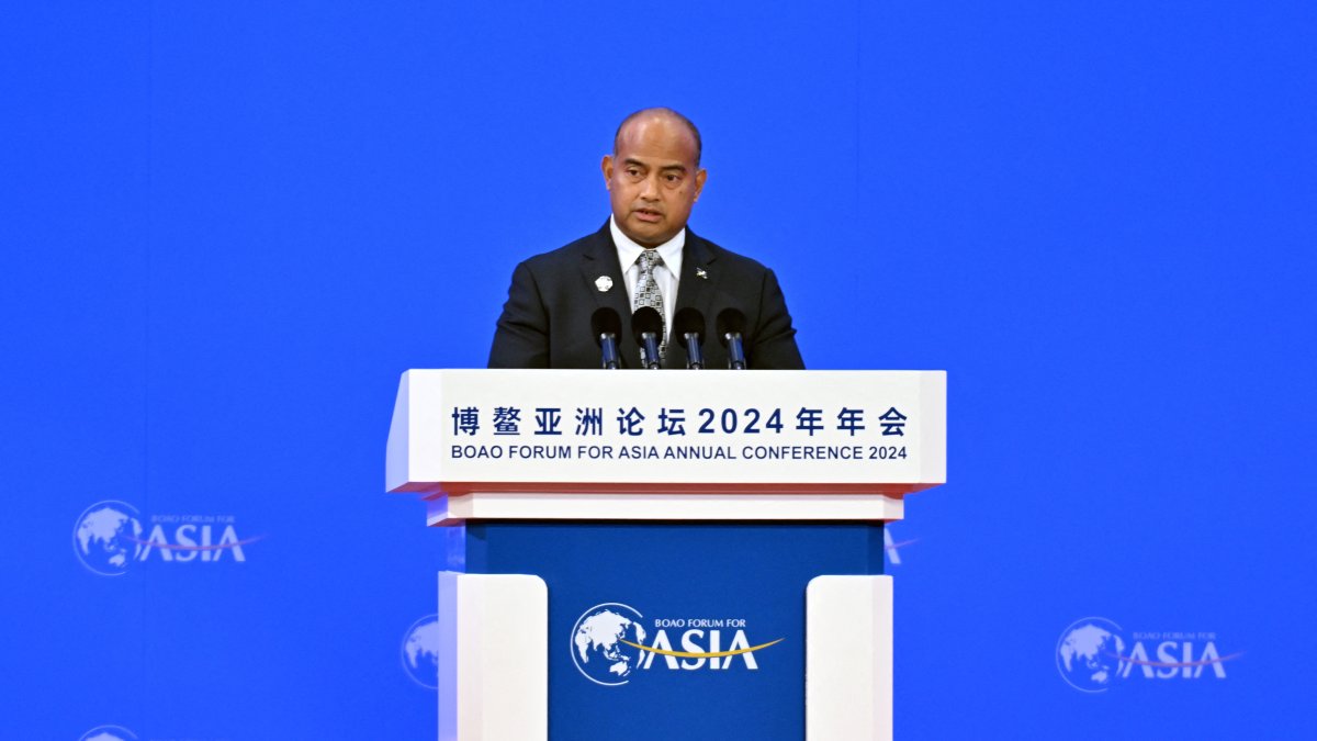 Nauruan President David Adeang delivers a speech at the opening ceremony of the Boao Forum for Asia Annual Conference 2024 in Boao, south China's Hainan Province, March 28, 2024. (Xinhua via AFP, File Photo)