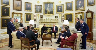 Ukraine's President Volodymyr Zelenskyy speaking with U.S. President Donald Trump (C-R) during their meeting in Washington, D.C., July 28, 2026. (AFP File Photo via Handout)