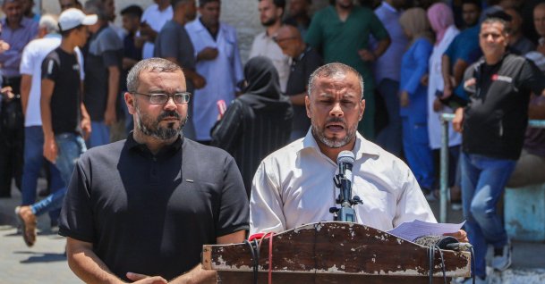 Ismail al-Thawabta (R), head of Hamas' government media office, addresses a press conference at the Al-Aqsa Hospital in Deir al-Balah, Gaza Strip, Palestine, July 6, 2026. (EPA Photo)