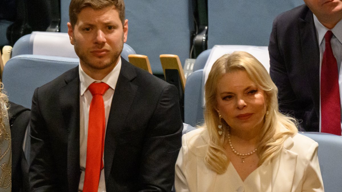 Yair Netanyahu (L) and Sara Netanyahu listen to Israeli Prime Minister Benjamin Netanyahu's speech at the 80th session of UNGA, in New York City, U.S., Sept. 26, 2025. (Getty Images Photo)