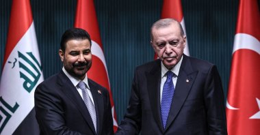 President Recep Tayyip Erdogan (R) shakes hands with Iraqi Prime Minister Ali al-Zaydi after a joint press conference at the Presidential Complex, Ankara, Türkiye, July 28, 2026. (AFP Photo)