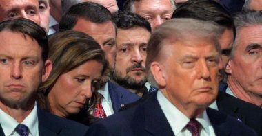 Ukrainian President Volodymyr Zelenskyy (C) attends the funeral for the late U.S. Sen. Lindsey Graham with U.S. President Donald Trump (R) and other leaders, Washington, U.S., July 28, 2026. (AFP Photo)
