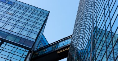The glass-and-steel facade of Gothia Towers is seen from below, Gothenburg, Sweden, Oct. 17, 2021. (Shutterstock Photo)