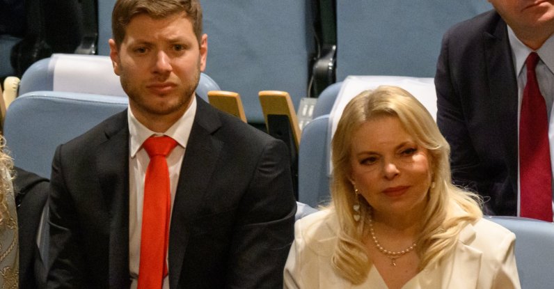 Yair Netanyahu (L) and Sara Netanyahu listen to Israeli Prime Minister Benjamin Netanyahu's speech at the 80th session of UNGA, in New York City, U.S., Sept. 26, 2025. (Getty Images Photo)