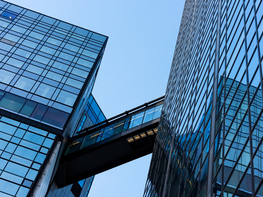 The glass-and-steel facade of Gothia Towers is seen from below, Gothenburg, Sweden, Oct. 17, 2021. (Shutterstock Photo)