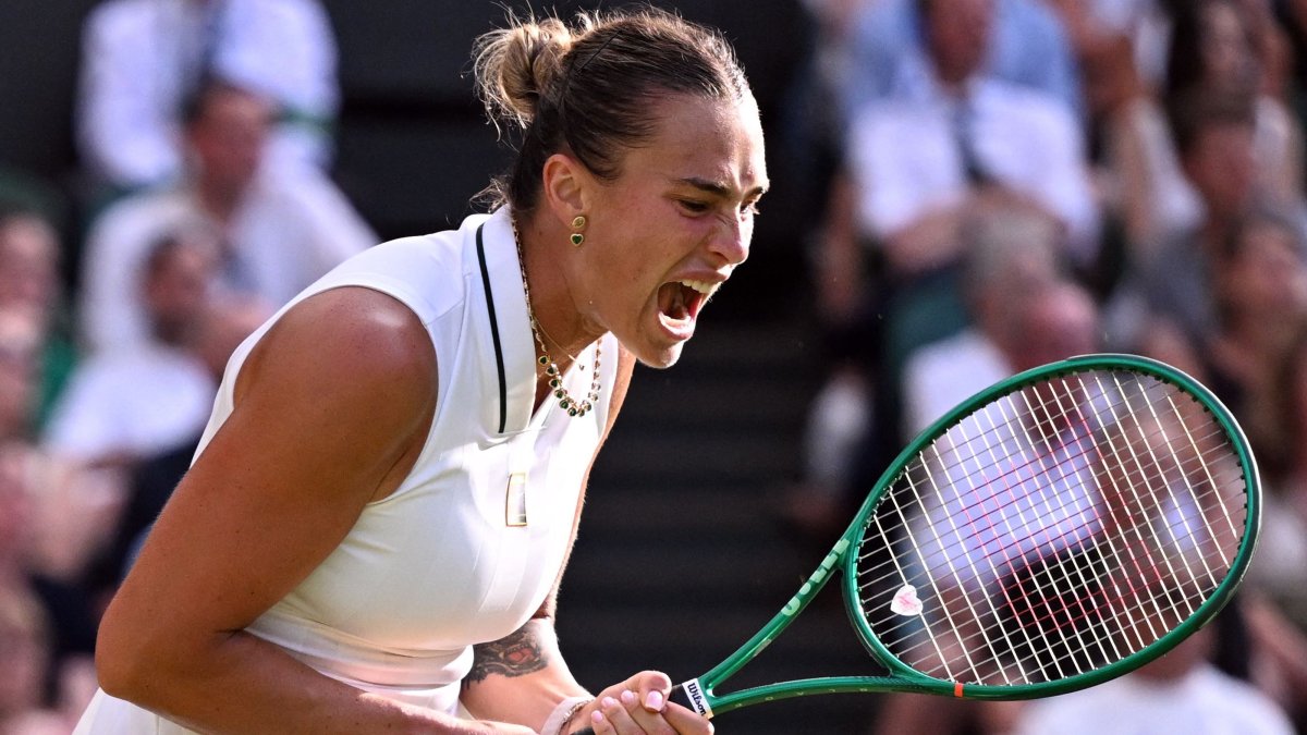 Belarus' Aryna Sabalenka reacts during a Wimbledon match against Japan's Naomi Osaka in London, U.K., July 5, 2026. (AFP Photo)