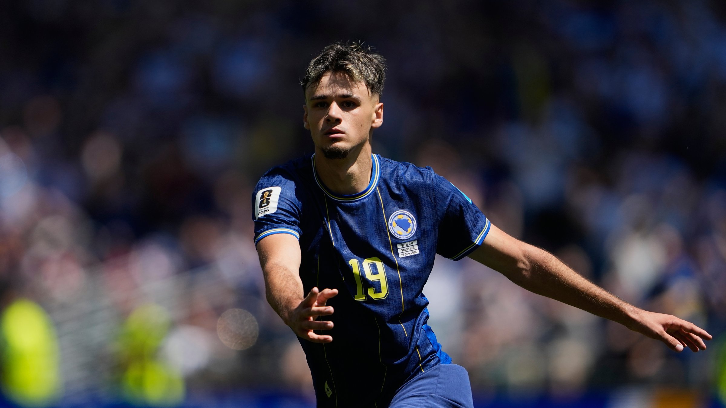 Bosnia's Kerim Alajbegovic in action during the World Cup match against the U.S. in Seattle, Wednesday, June 24, 2026. (AP Photo)