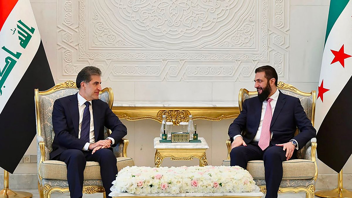 Syrian President Ahmed al-Sharaa meets with Iraq's KRG leader Nechirvan Barzani (L), Damascus, Syria, Aug. 3, 2026. (AFP Photo)