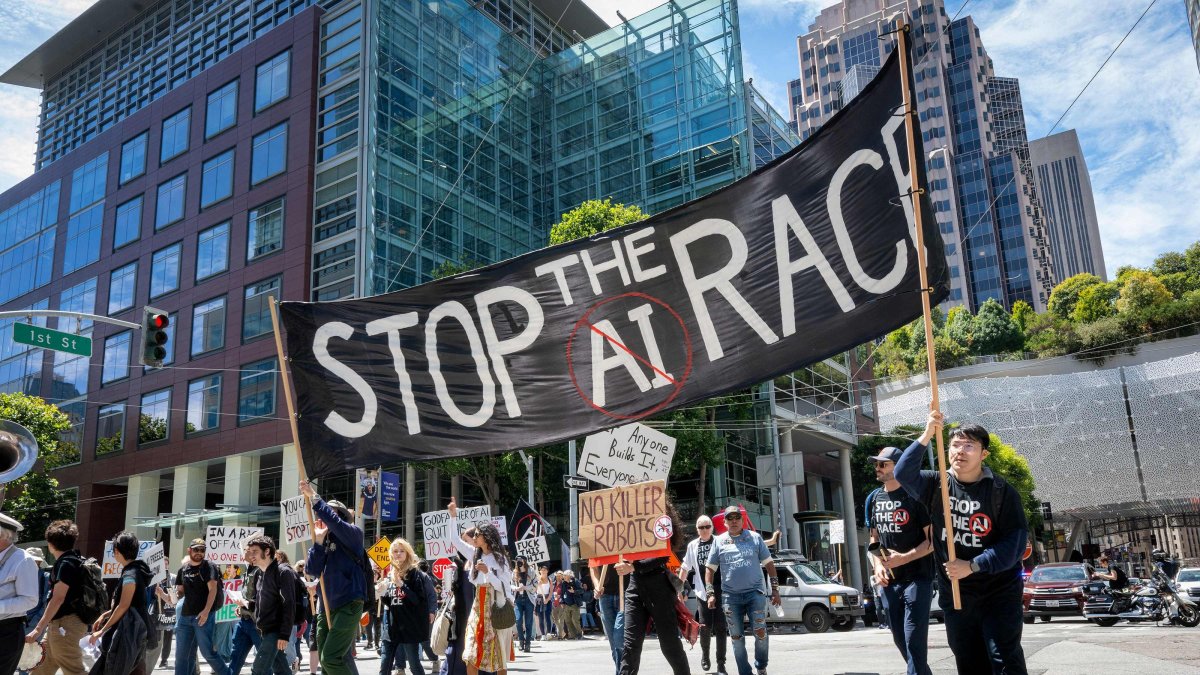 Demonstrators participate in the "Stop the AI Race" protest march in San Francisco, California, July 11, 2026. (AFP Photo)