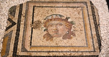The 13th panel of the Gypsy Girl mosaic, returned to Türkiye from the United States, is displayed at the Zeugma Mosaic Museum, Gaziantep, Türkiye, July 14, 2026. (AA Photo)