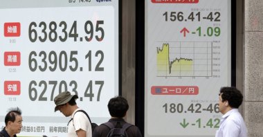 Passersby walk past a foreign currency indicator board showing the rate of the U.S. dollar against the Japanese yen (top), Tokyo, Japan, Aug. 3, 2026. (EPA Photo)