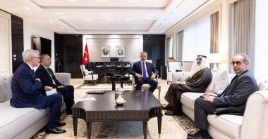 Foreign Minister Hakan Fidan (C) meets with Kuwait's then-Deputy Foreign Minister Sheikh Jarrah Jaber Al Ahmad Al Sabah, Ankara, Türkiye, April 24, 2025. (AA Photo)
