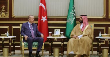 President Recep Tayyip Erdoğan (L) meets with Crown Prince Mohammed bin Salman in Jeddah, Saudi Arabia, April 28, 2022. (Presidency Handout via IHA, File Photo)