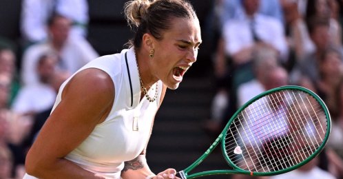 Belarus' Aryna Sabalenka reacts during a Wimbledon match against Japan's Naomi Osaka in London, U.K., July 5, 2026. (AFP Photo)