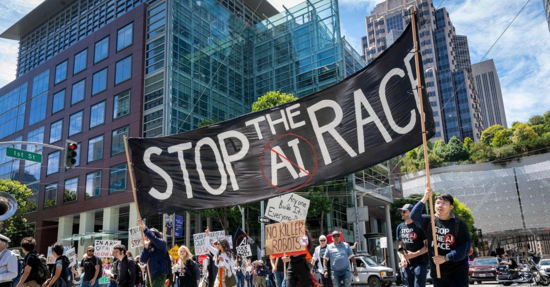 Demonstrators participate in the "Stop the AI Race" protest march in San Francisco, California, July 11, 2026. (AFP Photo)