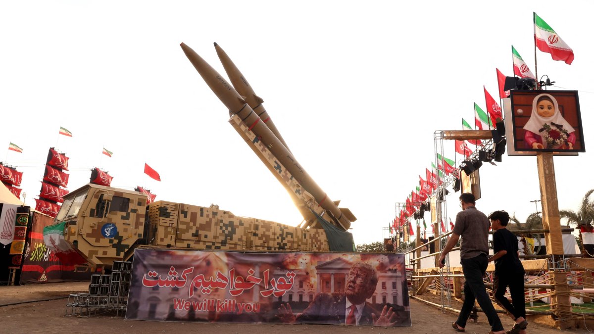 Iranian-made Zolfaghar missiles are displayed at Azadi Square in Tehran, Iran, Aug. 2, 2026. (AFP Photo)