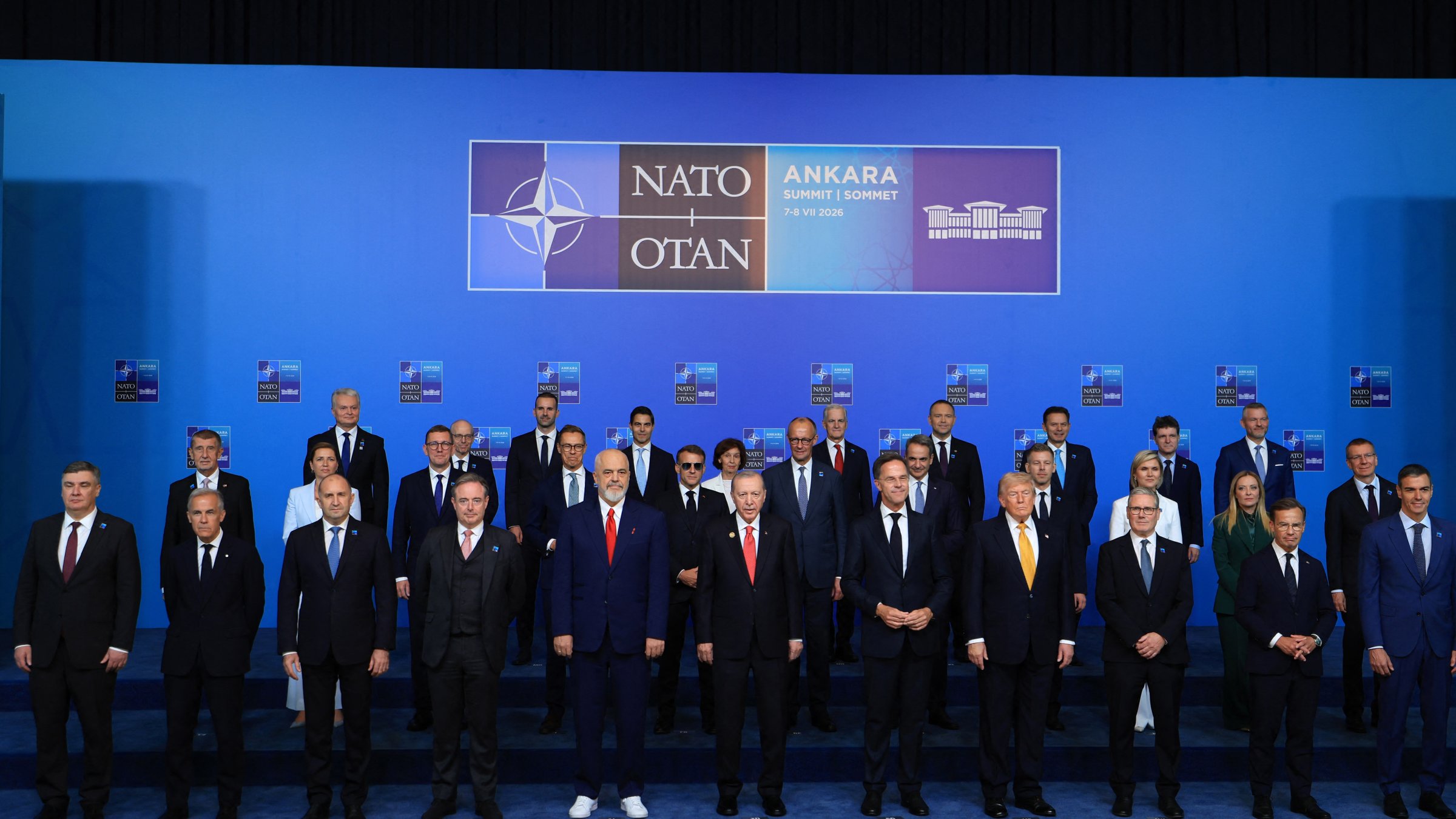 President Recep Tayyip Erdoğan and NATO leaders pose for a family photo during the NATO Summit at Beştepe Presidential Compound in Ankara, Türkiye, July 8, 2026. (AFP File Photo)