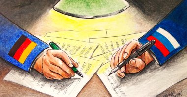 "The Baku meeting can be read as evidence that informal elite networks between Germany and Russia still play a role, but may now carry higher political costs when they are perceived to weaken support for Ukraine or a rules‑based foreign policy." (Illusration by Erhan Yalvaç)