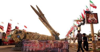 Iranian-made Zolfaghar missiles are displayed at Azadi Square in Tehran, Iran, Aug. 2, 2026. (AFP Photo)