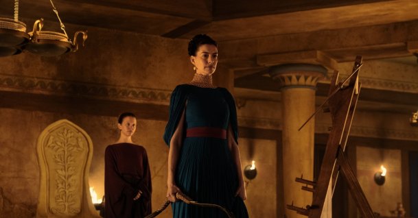 This image released by Universal Pictures shows, from left, Mia Goth as Melantho, and Anne Hathaway as Penelope, in a scene from "The Odyssey." (AP Photo)