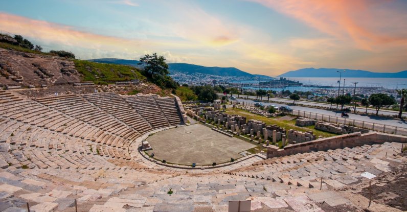 An undated aerial view of the theater of ancient Halicarnassus in Bodrum, southwestern Türkiye. (Shutterstock Photo)