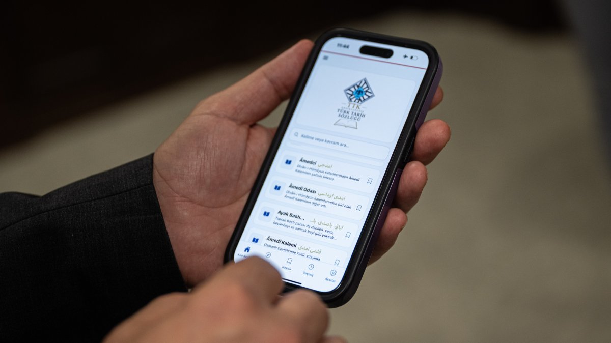The Turkish Historical Society's Encyclopedic Dictionary of Turkish History mobile application is displayed on a smartphone, Ankara, Türkiye, Aug. 5, 2026. (AA Photo)