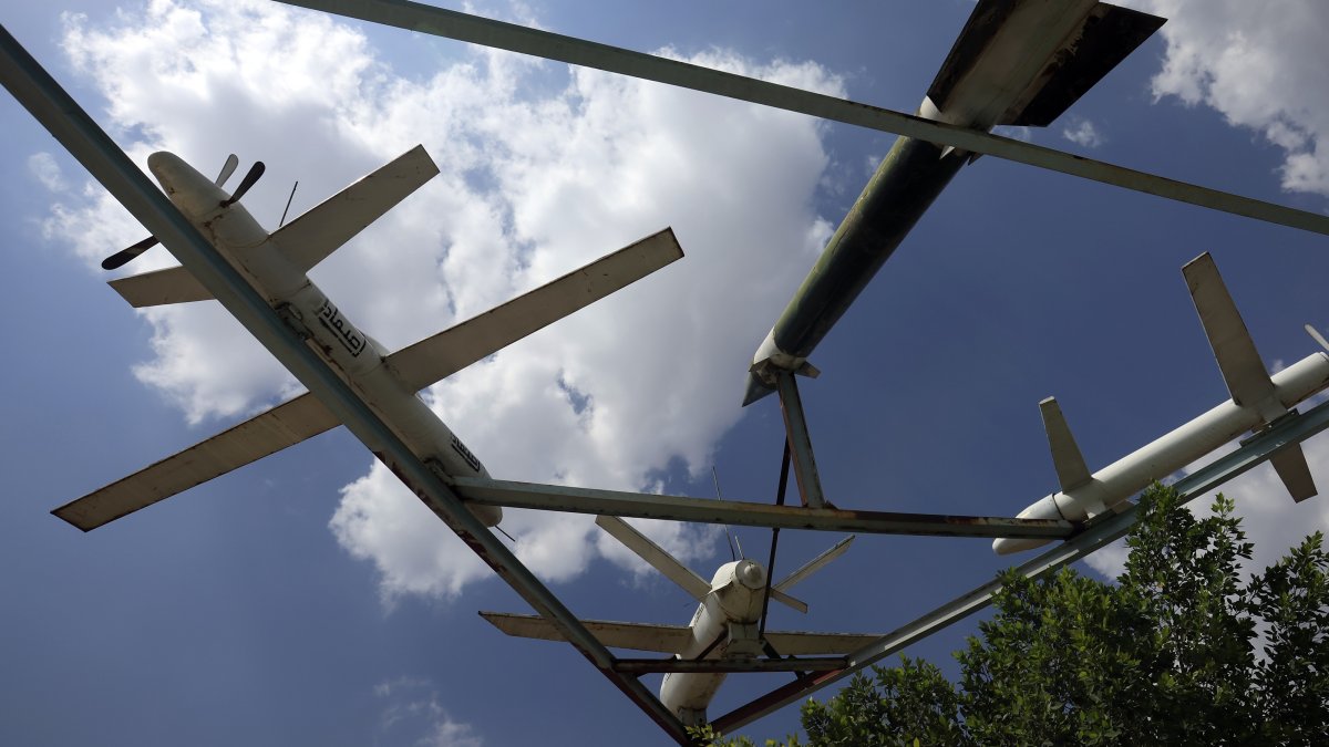 A display of Houthi-made mock drones and missiles is seen at a square in Sanaa, Yemen, Aug. 4, 2026. (EPA Photo)