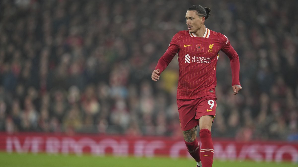Liverpool's Darwin Nunez controls the ball during the English Premier League match against Aston Villa at Anfield, Liverpool, U.K., Nov. 9, 2024. (AP Photo)