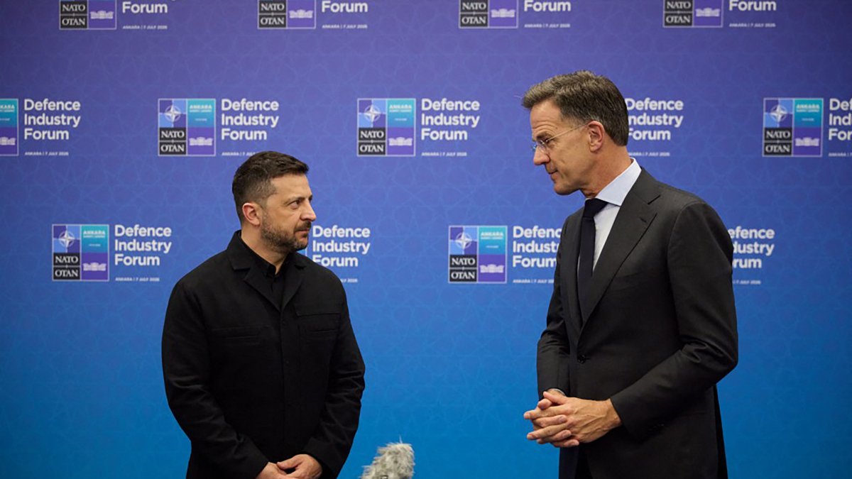 NATO Secretary General Mark Rutte (R) and Ukraine's President Volodymyr Zelenskyy meet on the sidelines of the 36th NATO Heads of State and Government Summit in Ankara, July 7, 2026. (Ukraine Presidency Handout via AFP)
