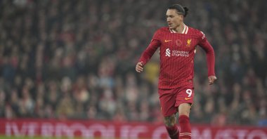 Liverpool's Darwin Nunez controls the ball during the English Premier League match against Aston Villa at Anfield, Liverpool, U.K., Nov. 9, 2024. (AP Photo)