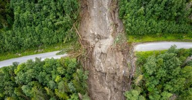 An undated aerial view of a landslide blocking a road in central Norway. (Shutterstock Photo)