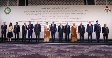 Foreign ministers pose for a family photo on the day of a meeting of the Arab Ministerial Committee to discuss the situation in Jerusalem, in Amman, Jordan, Aug. 5, 2026. (Reuters Photo)