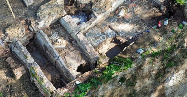 An aerial view shows a mosaic floor inside an imperial-era Roman building uncovered at Villa Celimontana in Rome, Italy, in this handout image released on Aug. 5, 2026. (Rome's Special Superintendency/Handout via Reuters)