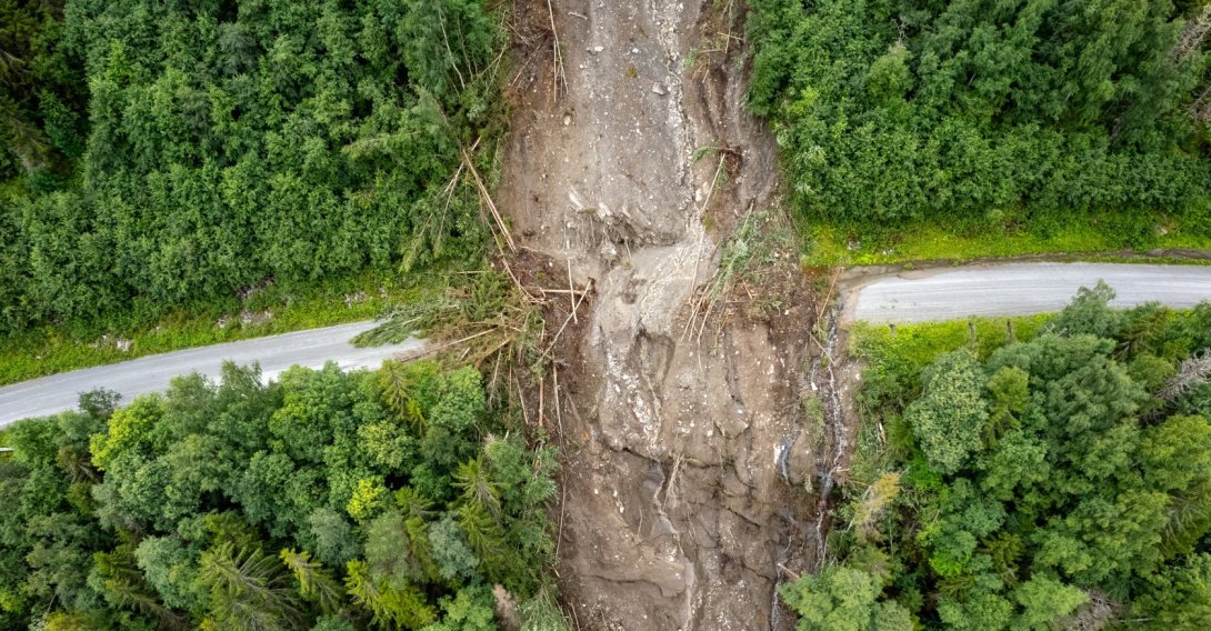 An undated aerial view of a landslide blocking a road in central Norway. (Shutterstock Photo)