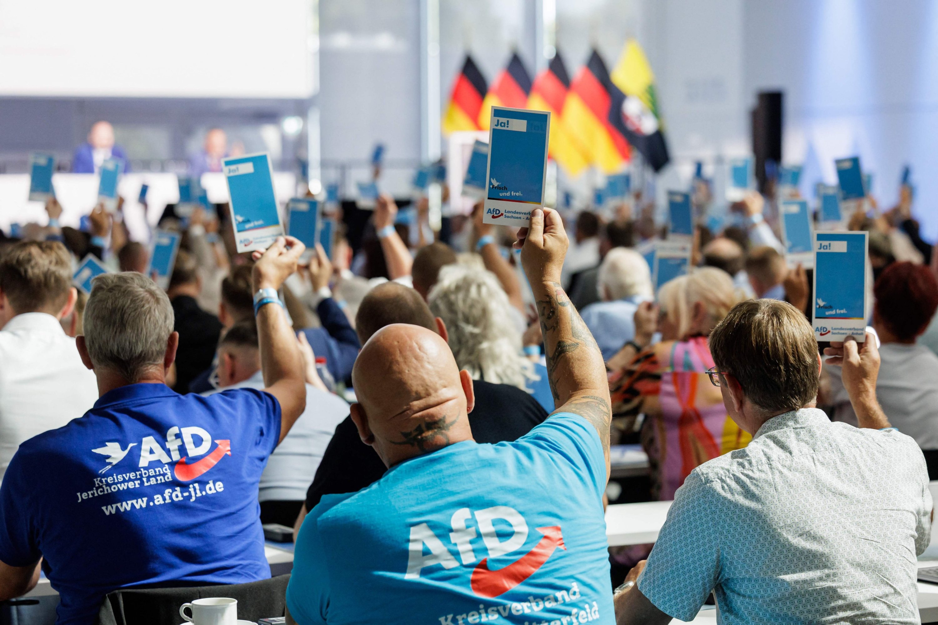 Delegates raise their voting cards during the state party convention of the far-right Alternative for Germany (AfD), Magdeburg, eastern Germany, July 11, 2026. (AFP Photo)