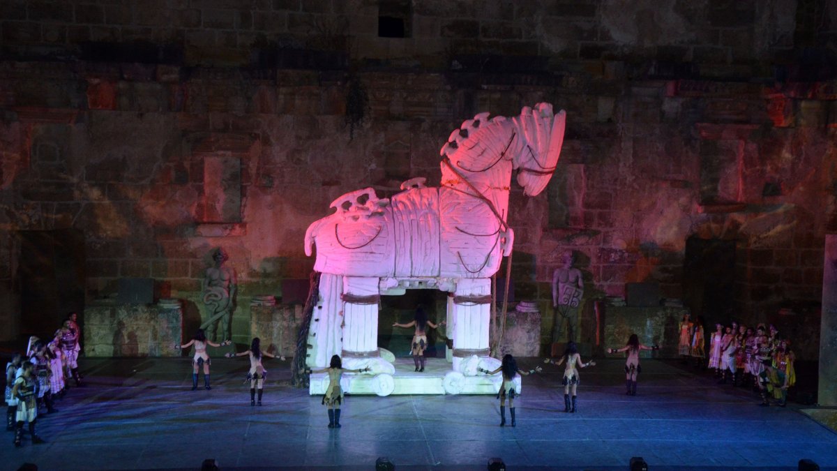 Fire of Anatolia performs "Troy" at the ancient theater of Aspendos, Antalya, southern Türkiye, Aug. 4, 2026. (DHA Photo)