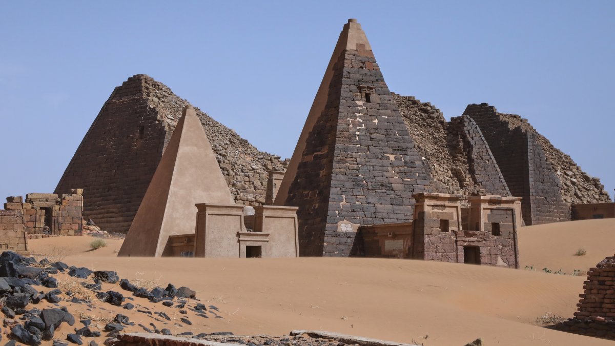 The Meroe pyramids stand at the Meroe archaeological site, Bejrawiya, Sudan, Aug. 1, 2026. (AP Photo)