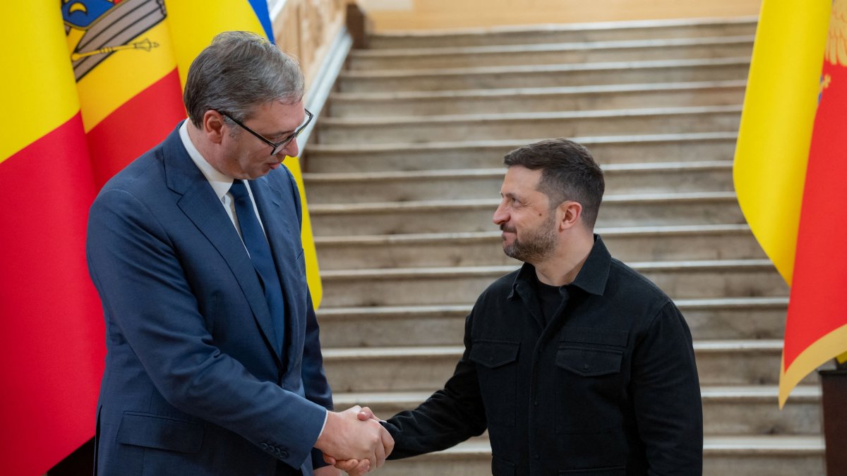 Ukraine's President Volodymyr Zelenskyy and Serbian President Aleksandar Vucic shake hands during the 4th Ukraine-Southeast Europe Summit in Odesa, Ukraine, June 11, 2025. (Reuters Photo)